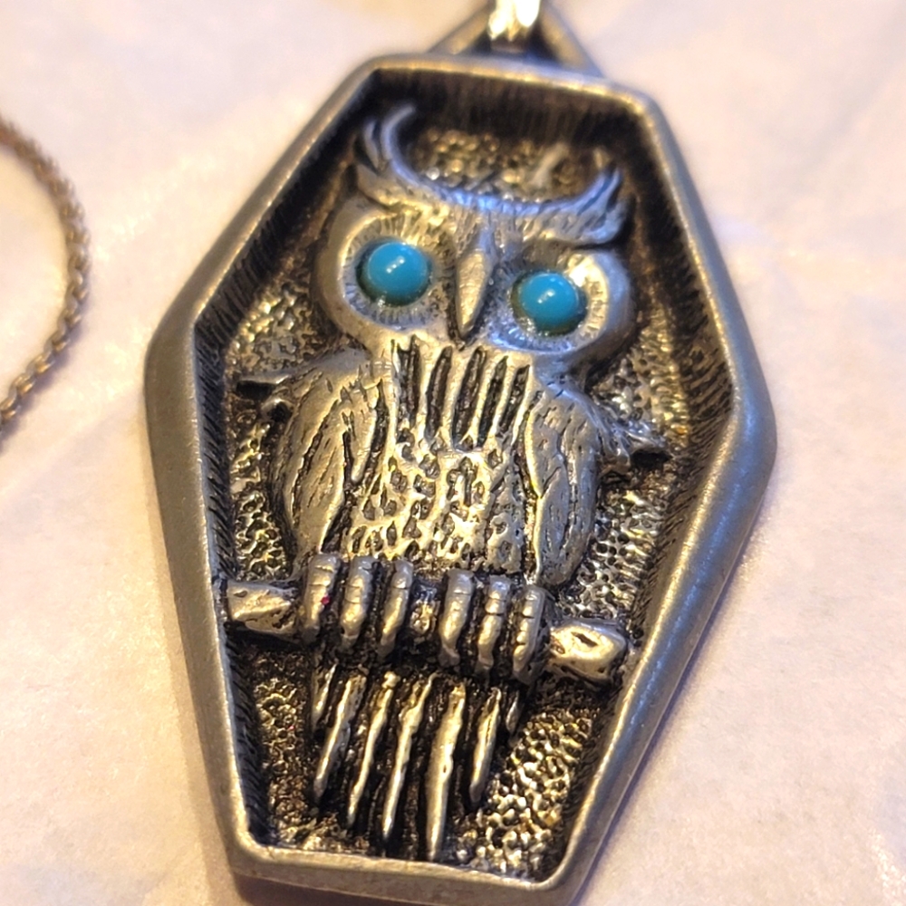 VTG J. Ritter Signed Pewter Owl Necklace With Blue Eyes, Silver Tone 24" - Picture 2 of 6